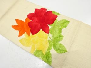 手織り真綿紬　花模様織り出し　名古屋帯